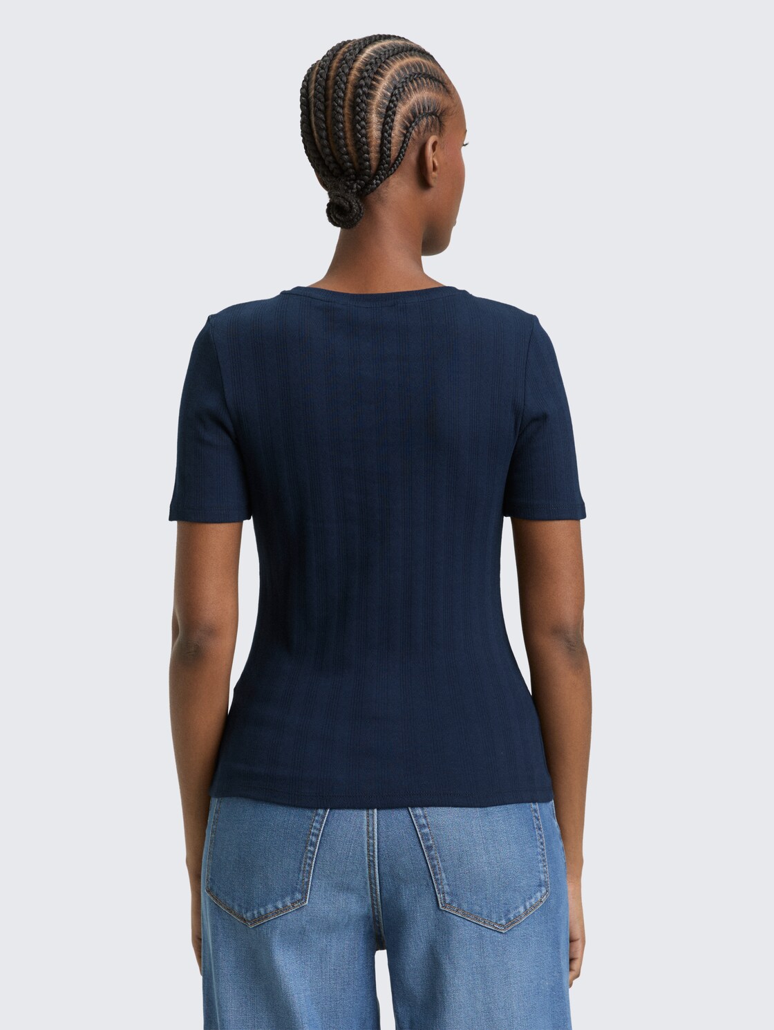 Thumbnail - TOM TAILOR DENIM Damen Slim Fit Pointelle T-Shirt, blau, Uni, Gr. L