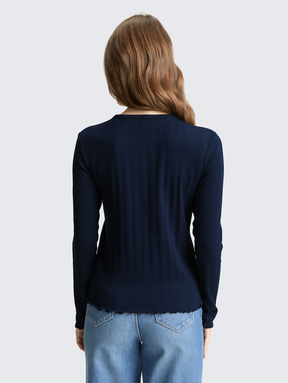 Thumbnail - TOM TAILOR DENIM Damen Pointelle Langarmshirt mit Deko-Knopfleiste, blau, Uni, Gr. S