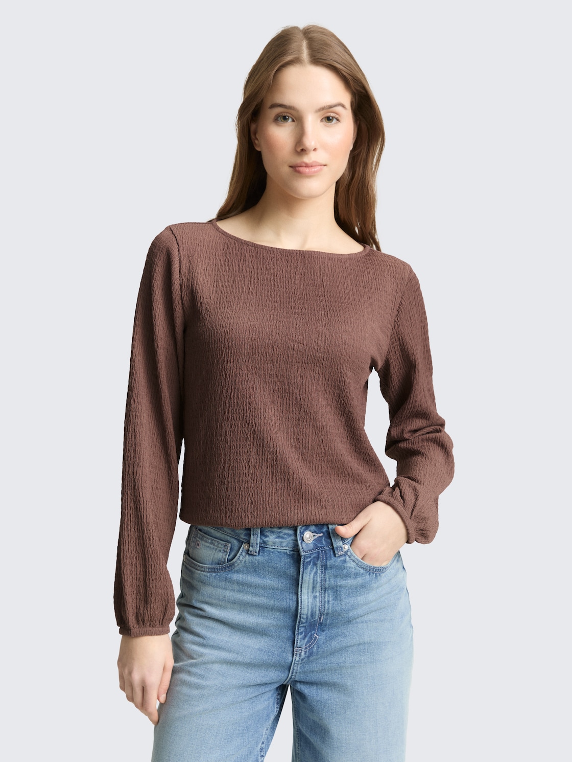 Thumbnail - TOM TAILOR DENIM Damen Loose Fit Crinkle Langarmshirt, braun, Uni, Gr. M