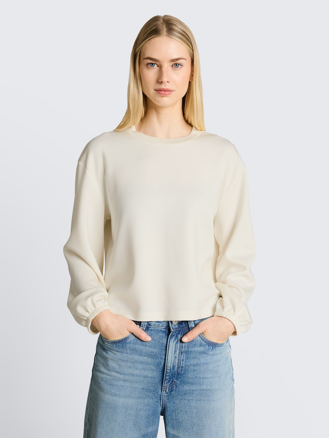 Thumbnail - TOM TAILOR DENIM Damen Loose Fit Scuba Langarmshirt, weiß, Uni, Gr. L