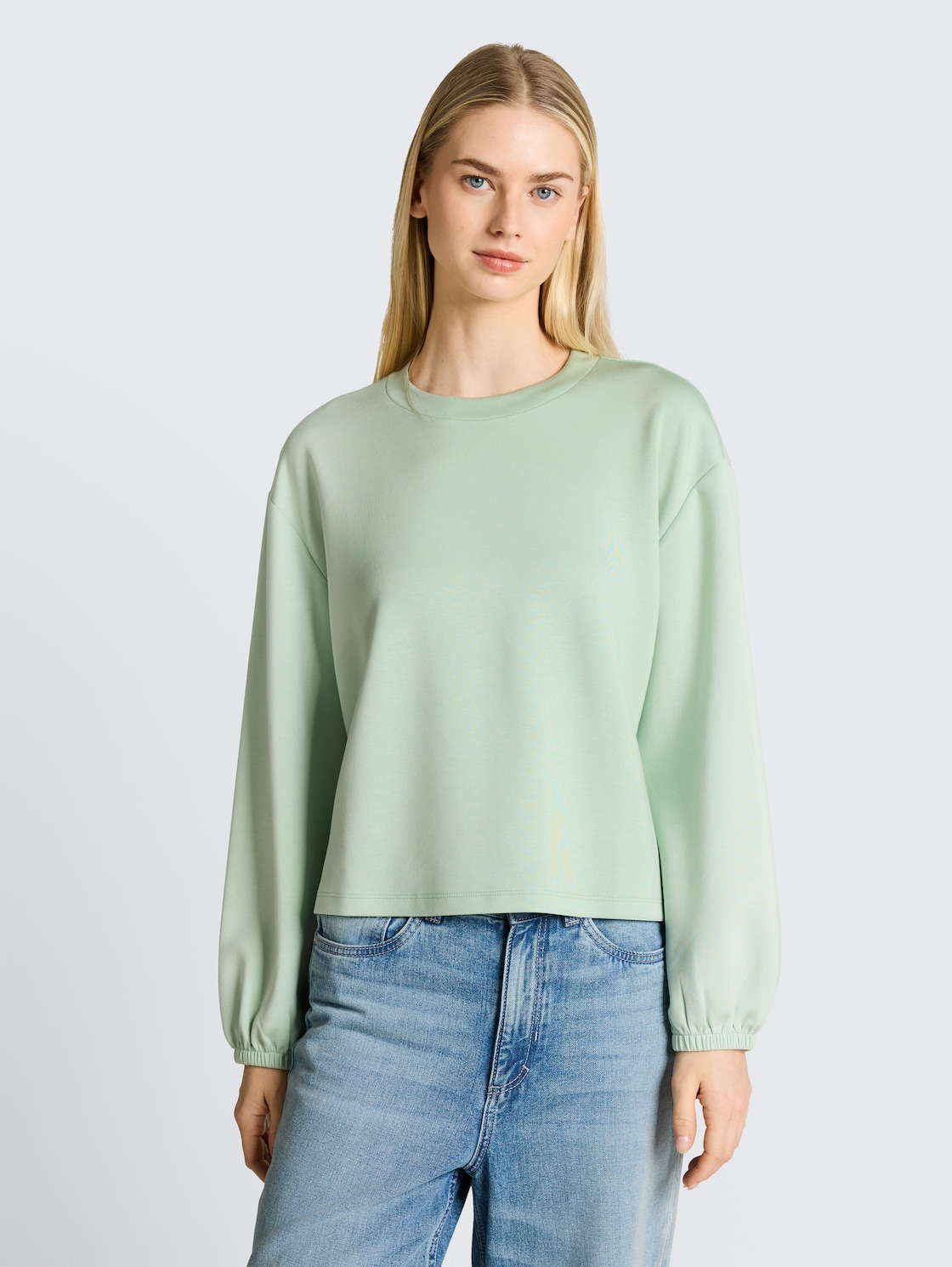 Thumbnail - TOM TAILOR DENIM Damen Loose Fit Scuba Langarmshirt, grün, Uni, Gr. L