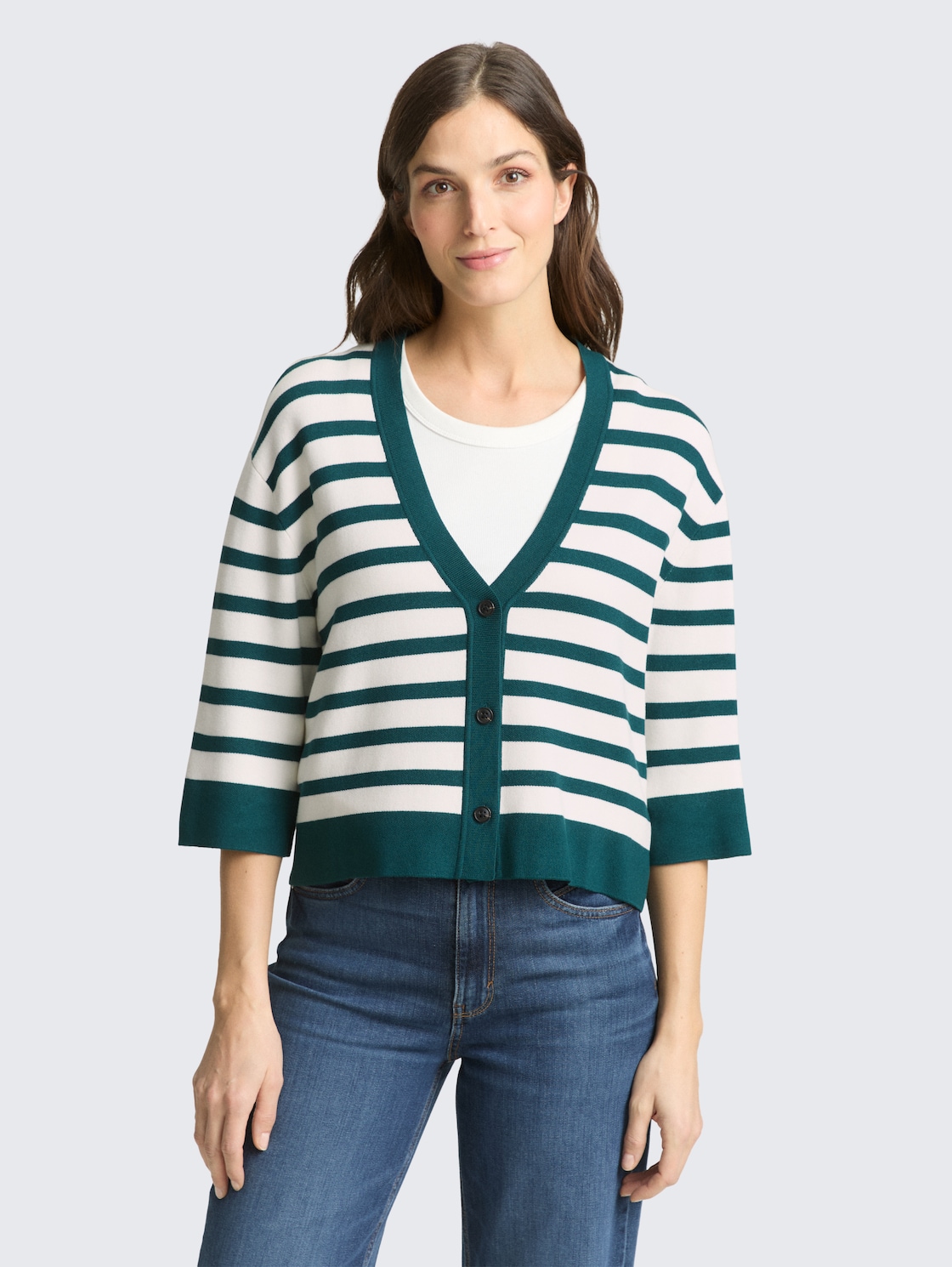 Thumbnail - TOM TAILOR Damen Loose Fit Cardigan mit Streifenmuster, grün, Gestreift, Gr. M