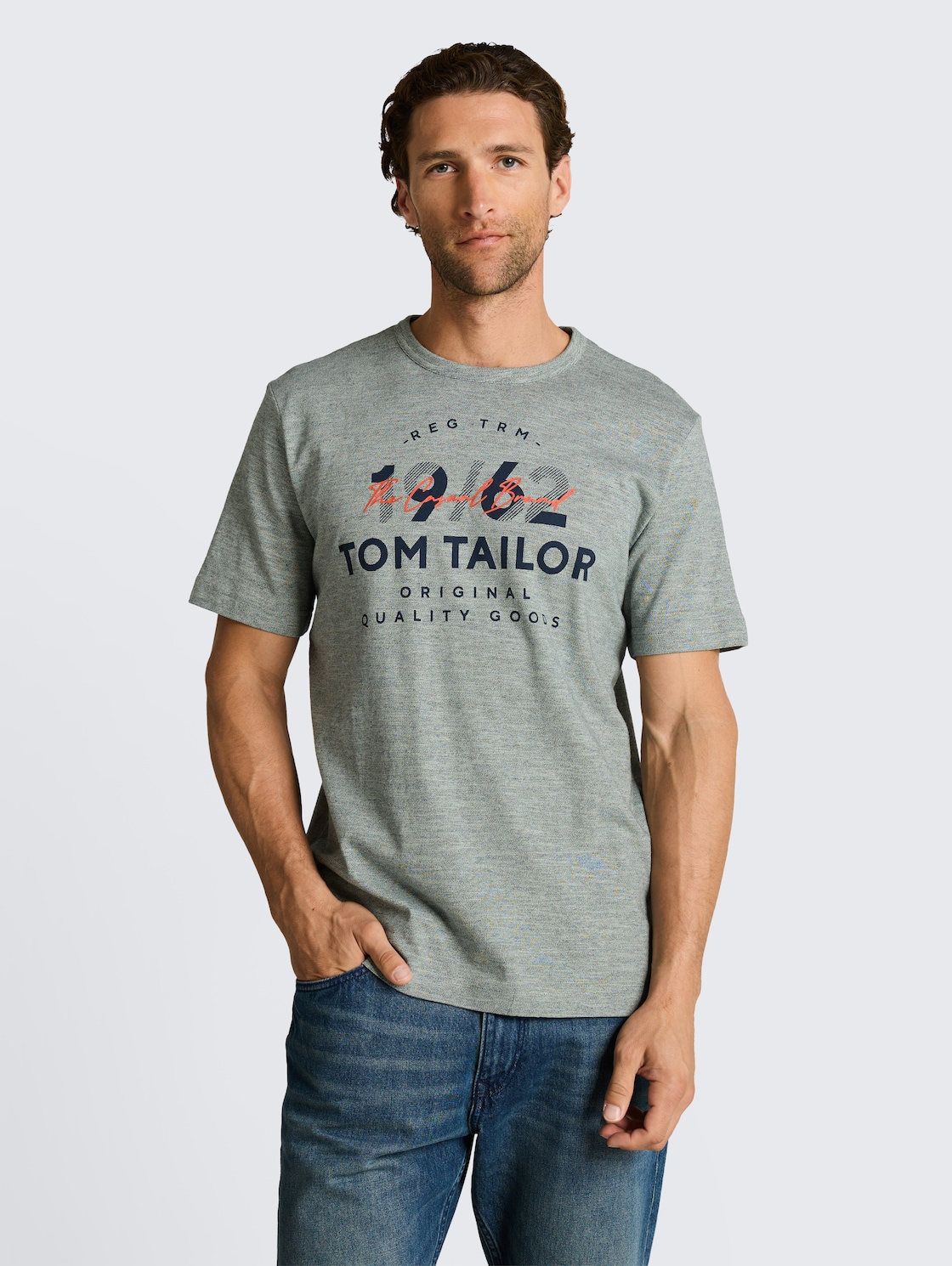 Thumbnail - TOM TAILOR Herren T-Shirt mit Logo-Print, grün, Meliert, Gr. XL