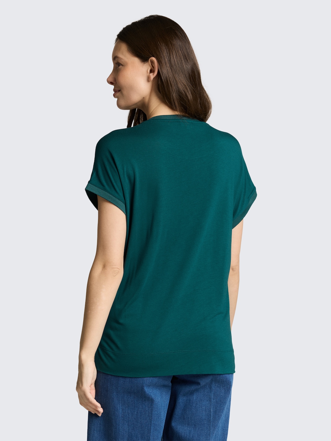 Thumbnail - TOM TAILOR Damen T-Shirt im Material-Mix, grün, Uni, Gr. L