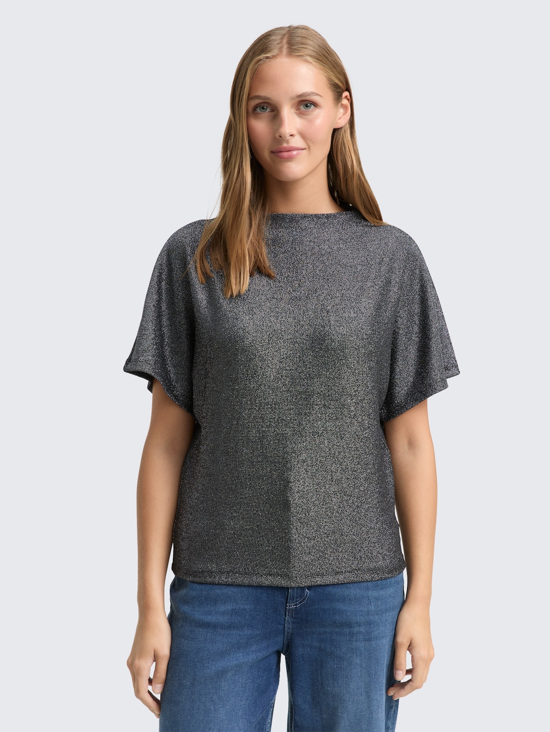 Thumbnail - TOM TAILOR DENIM Damen Glitzer T-Shirt mit Fledermausärmeln, schwarz, Uni, Gr. XS