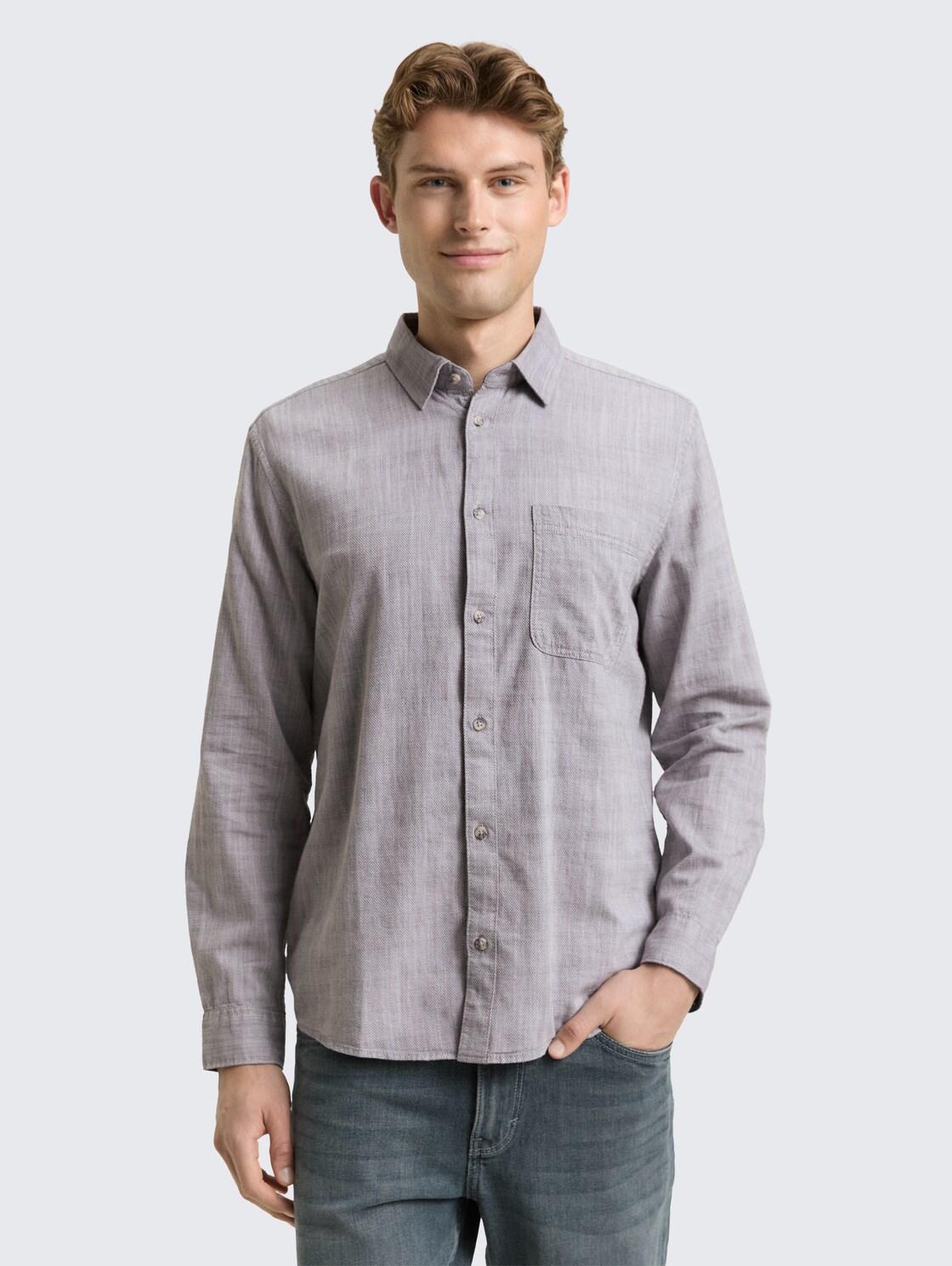 Thumbnail - TOM TAILOR Herren Regular Fit Hemd mit Brusttasche, grau, Meliert, Gr. XL