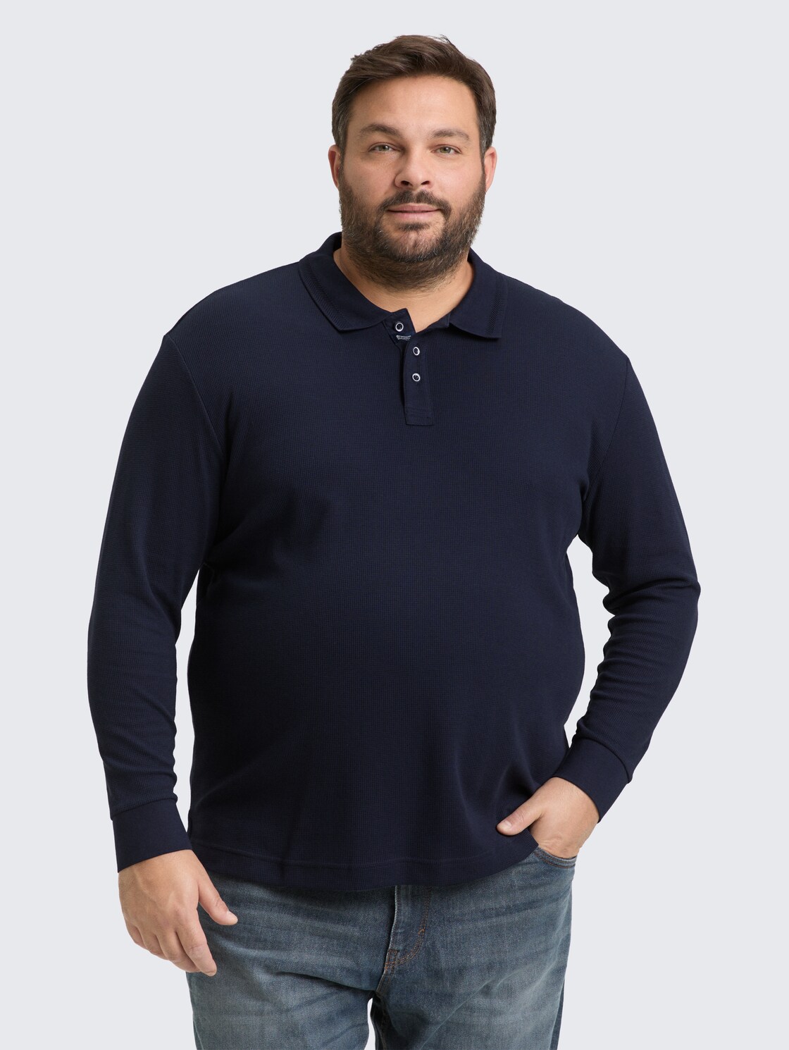 Thumbnail - TOM TAILOR Herren Plus Size - Langarm Poloshirt mit Waffelstruktur, blau, Uni, Gr. 3XL