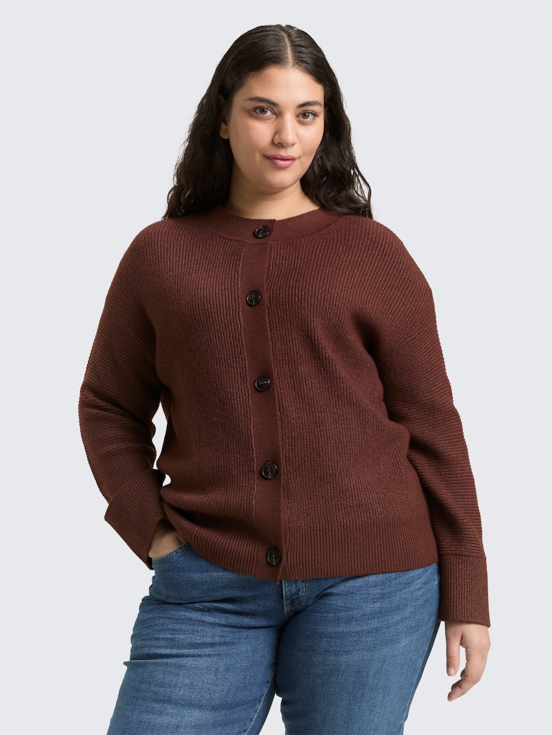 Thumbnail - TOM TAILOR Damen Plus Size - Oversize Cardigan mit Rundhalsausschnitt, braun, Meliert, Gr. 46