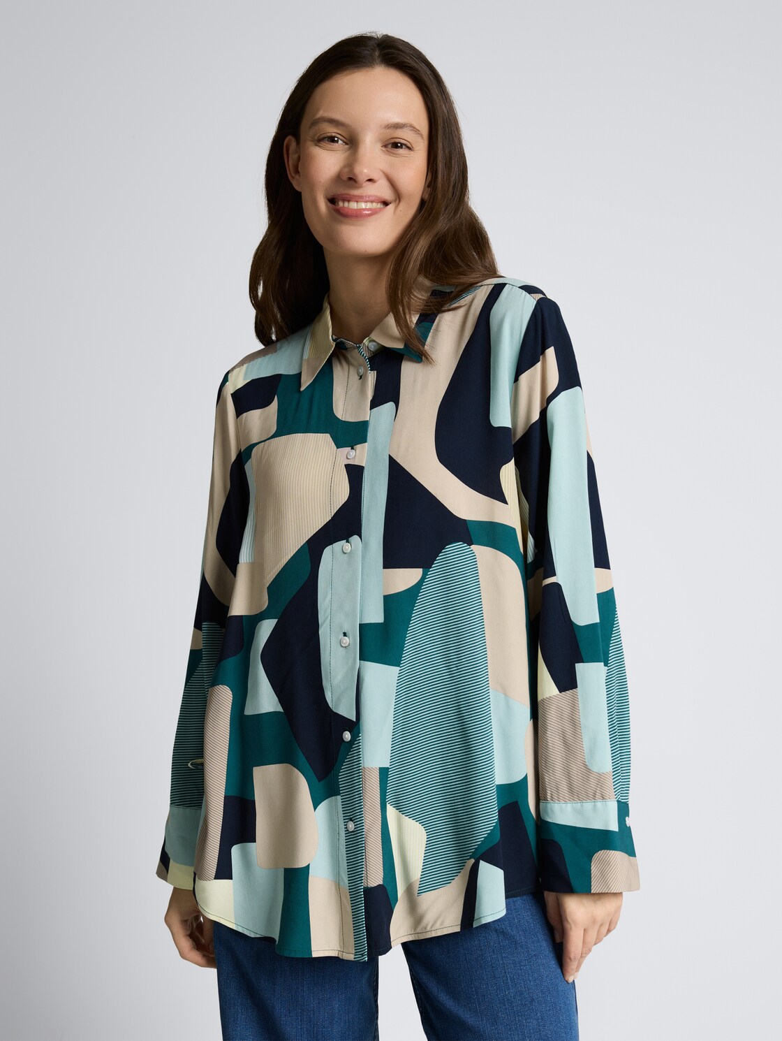 Thumbnail - TOM TAILOR Damen Loose Fit Bluse mit Schleifen-Details, grün, Gemustert, Gr. 36