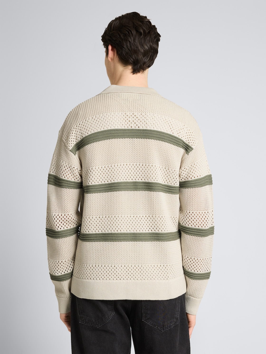 Thumbnail - TOM TAILOR DENIM Herren Relaxed Fit Strickjacke mit Lochmuster, grün, Gestreift, Gr. XXL