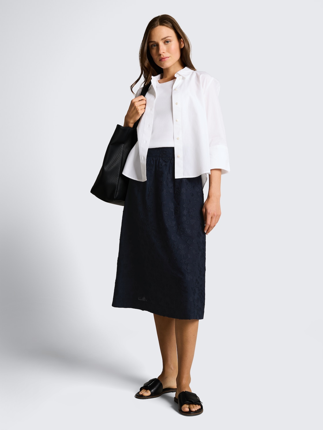 Thumbnail - TOM TAILOR Damen High Waist Midi-Rock mit Stickerei, blau, Uni, Gr. 36