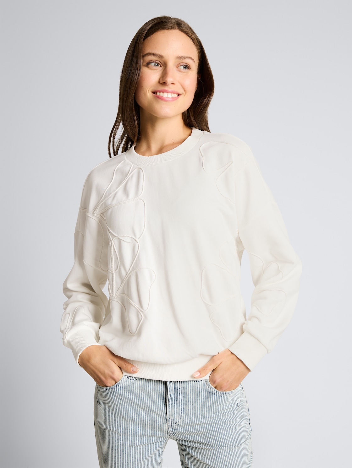 Thumbnail - TOM TAILOR Damen Loose Fit Sweatshirt mit Blumenmuster, weiß, Uni, Gr. XS