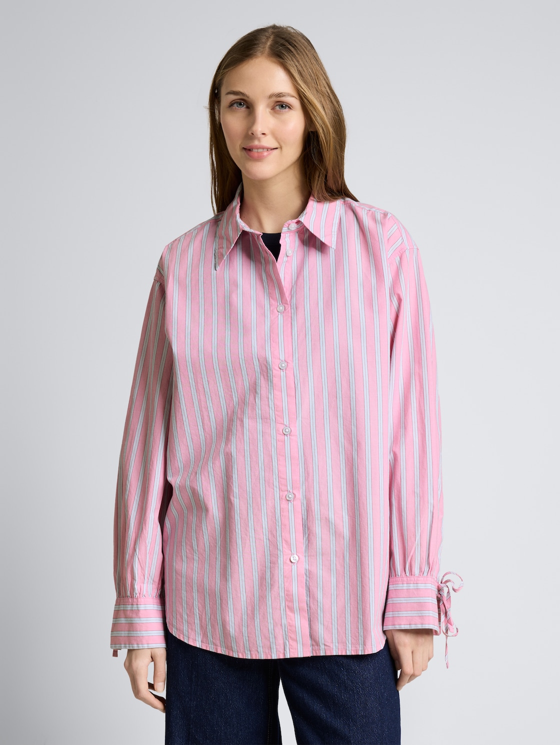 Thumbnail - TOM TAILOR DENIM Damen Oversize Hemdbluse mit Streifenmuster, rosa, Gestreift, Gr. M