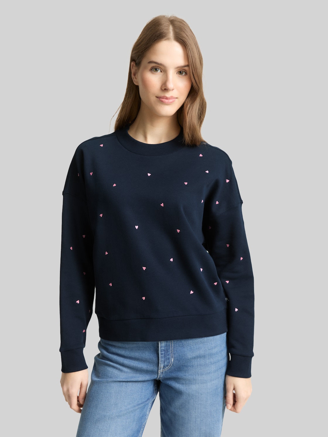  Tom Tailor Denim Damen Loose Fit Sweatshirt Mit Stickerei, Blau, Uni, Gr. L 
