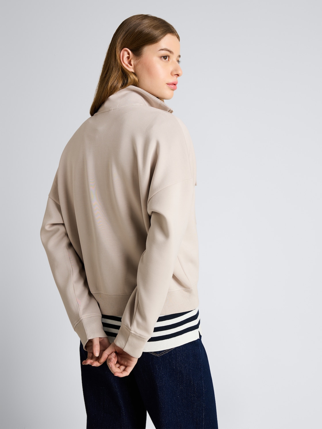 Thumbnail - TOM TAILOR DENIM Damen Loose Fit Troyer Sweatshirt aus Scuba, grau, Uni, Gr. XXL