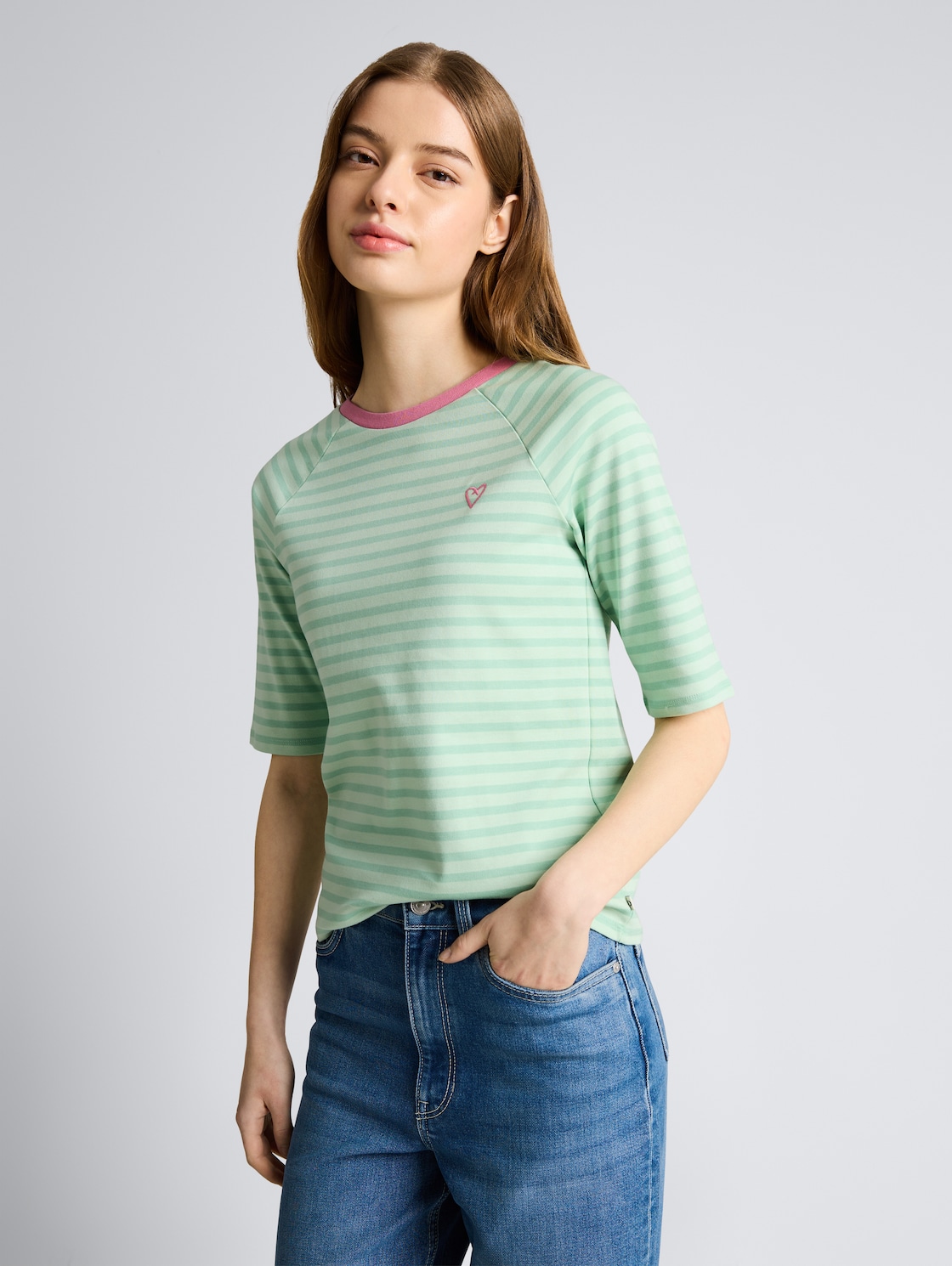 Thumbnail - TOM TAILOR DENIM Damen T-Shirt mit Streifenmuster, grün, Gestreift, Gr. L