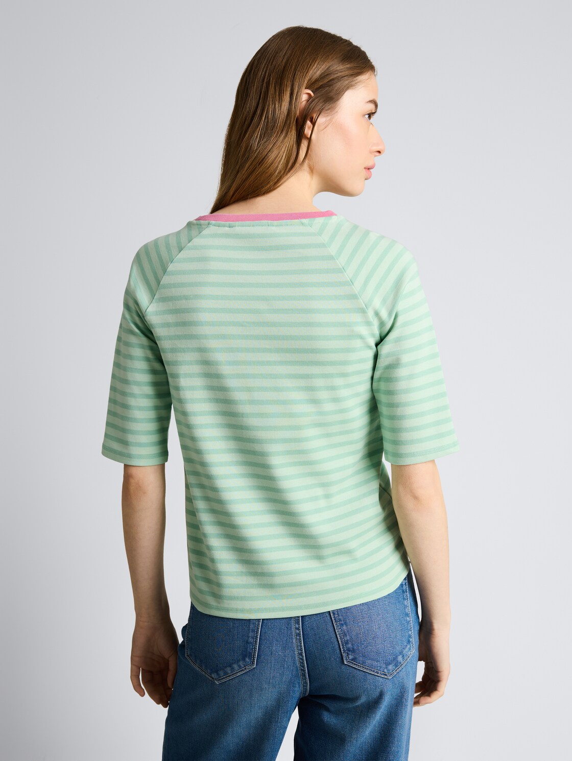 Thumbnail - TOM TAILOR DENIM Damen T-Shirt mit Streifenmuster, grün, Gestreift, Gr. L