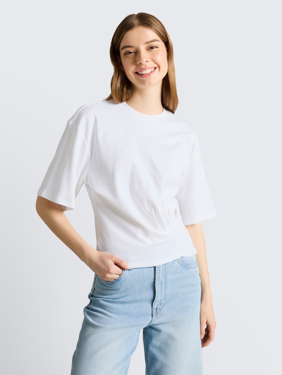 Thumbnail - TOM TAILOR DENIM Damen T-Shirt mit Knotendetail, weiß, Uni, Gr. S