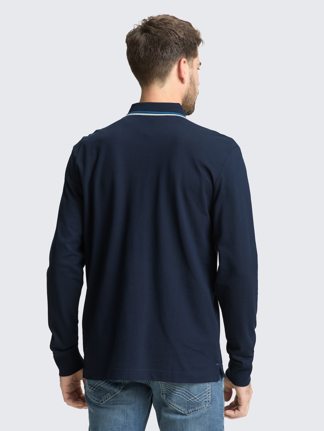 Thumbnail - TOM TAILOR Herren Langarm Poloshirt mit Logo-Print, blau, Uni, Gr. S