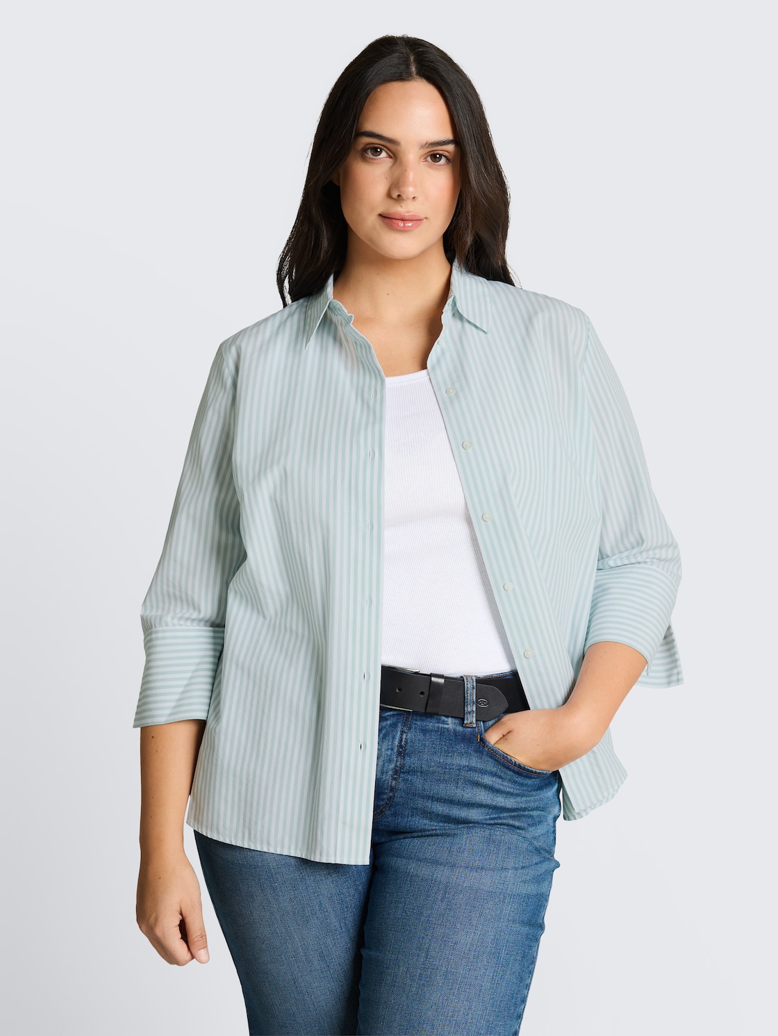 Thumbnail - TOM TAILOR Damen Plus Size - Hemdbluse mit Streifenmuster, grün, Gestreift, Gr. 52