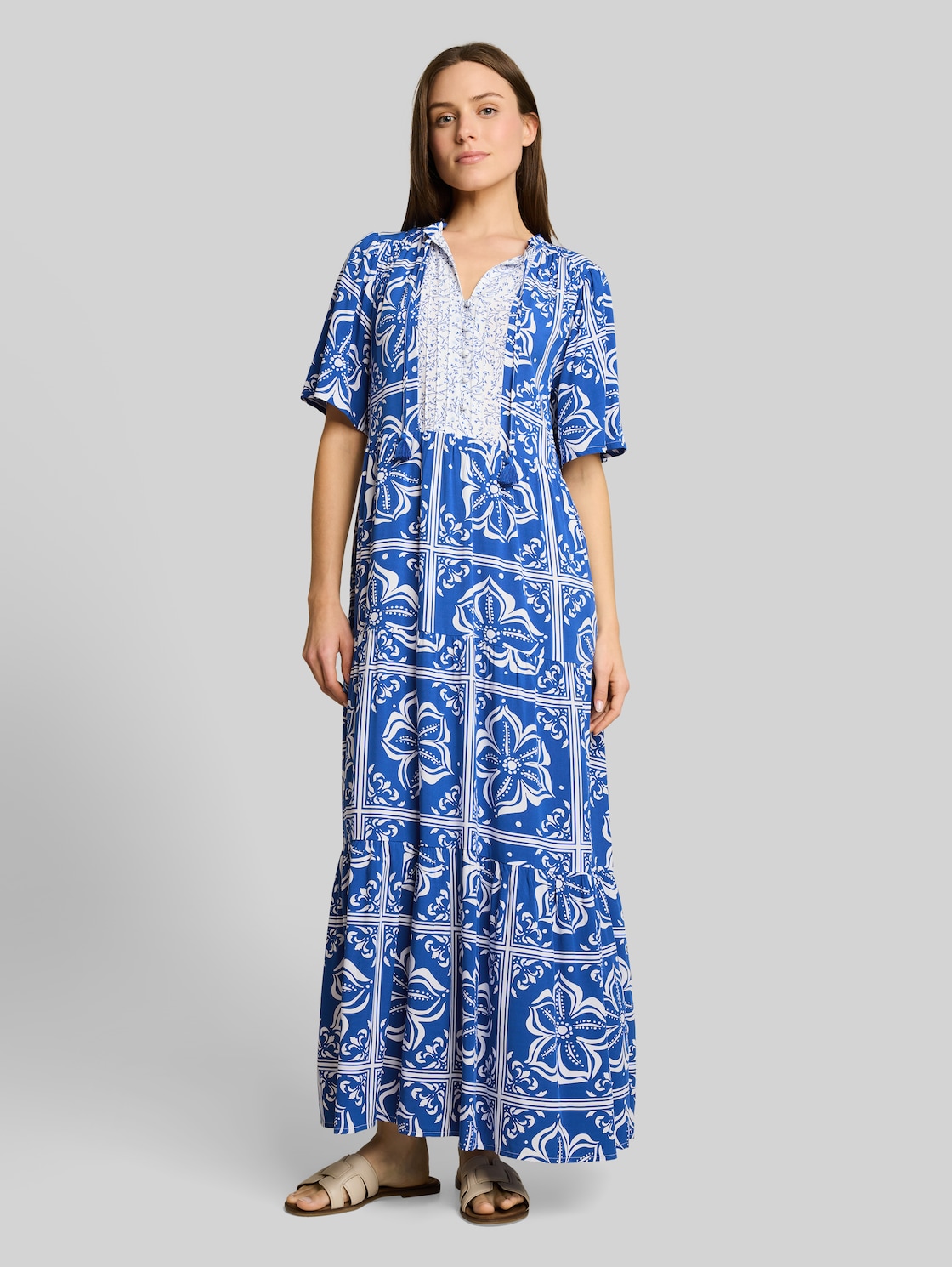  Tom Tailor Damen Loose Fit Maxi-kleid Mit Muster, Blau, Gemustert, Gr. 36 