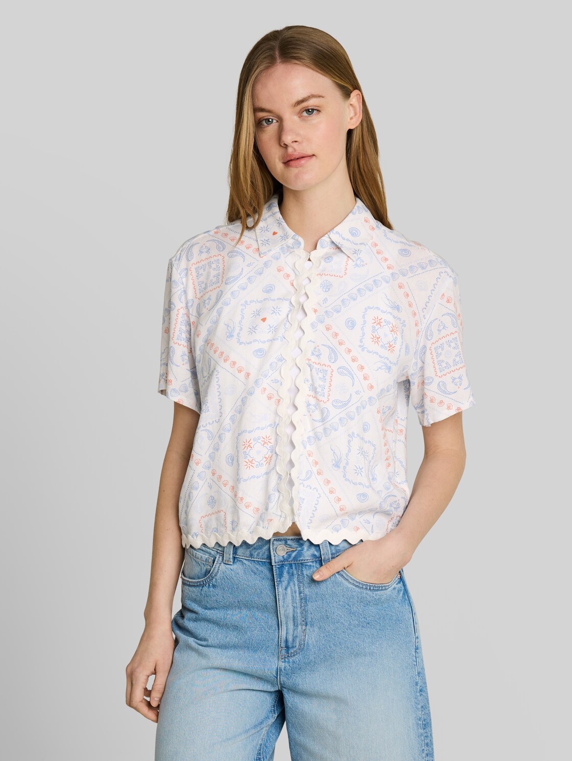  Tom Tailor Denim Damen Boxy Fit Bluse Mit Leinenanteil, Weiß, Gemustert, Gr. Xl 