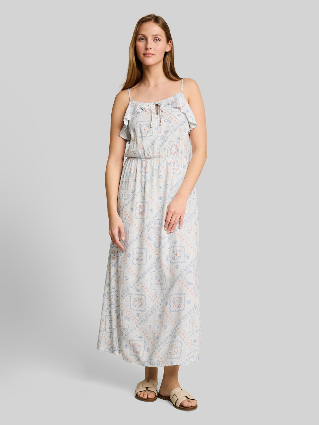  Tom Tailor Denim Damen Midi-kleid Mit Leinenanteil, Weiß, Gemustert, Gr. Xxl 