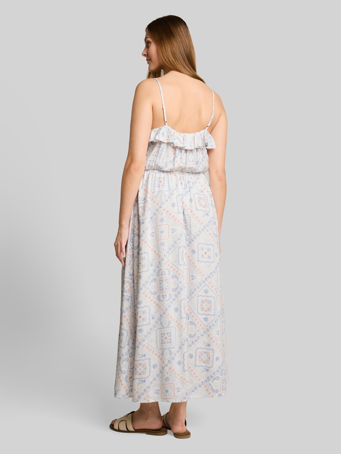  Tom Tailor Denim Damen Midi-kleid Mit Leinenanteil, Weiß, Gemustert, Gr. Xxl 