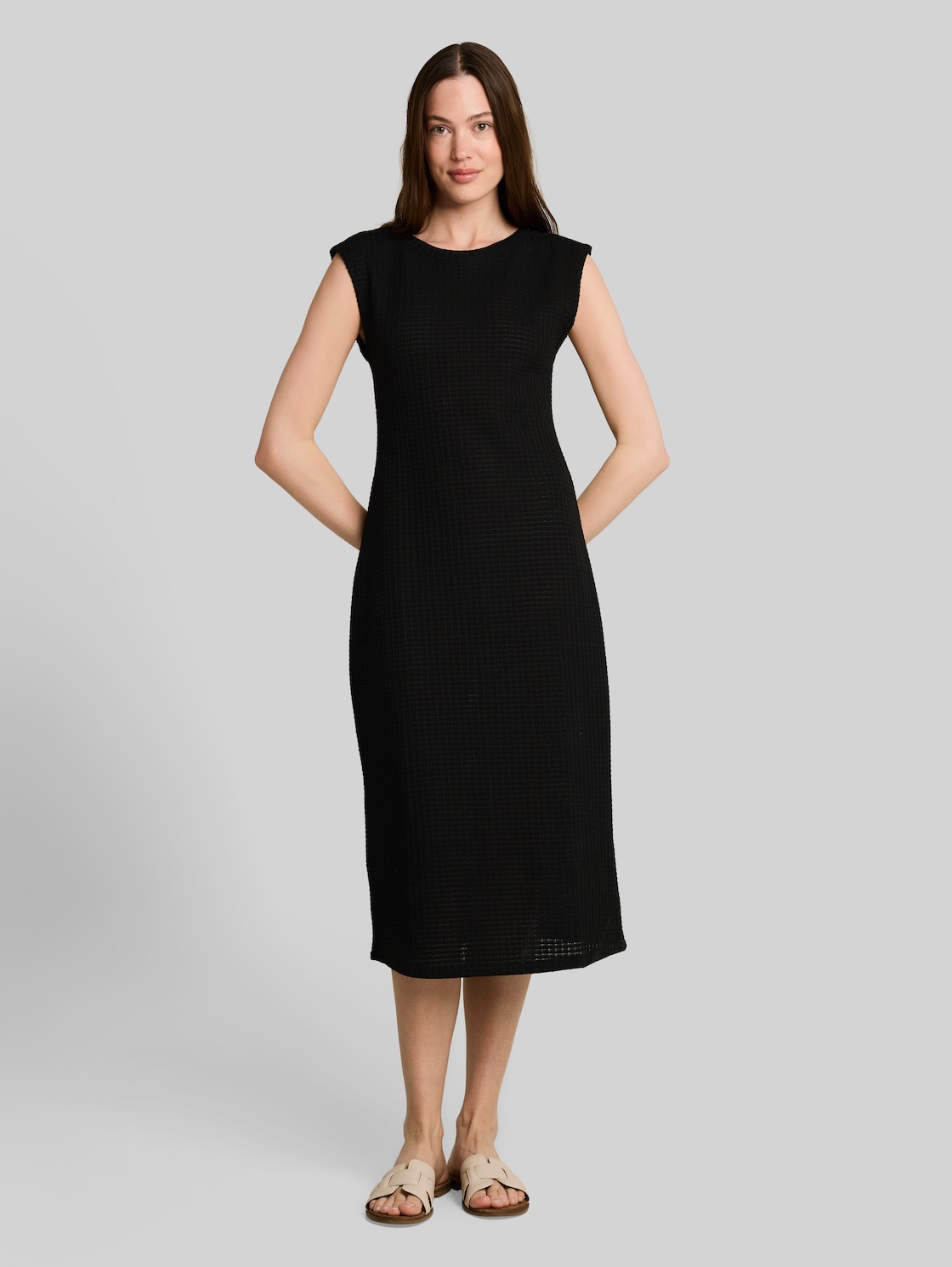  Tom Tailor Denim Damen Fitted Jacquard Midi-kleid, Schwarz, Uni, Gr. Xl 