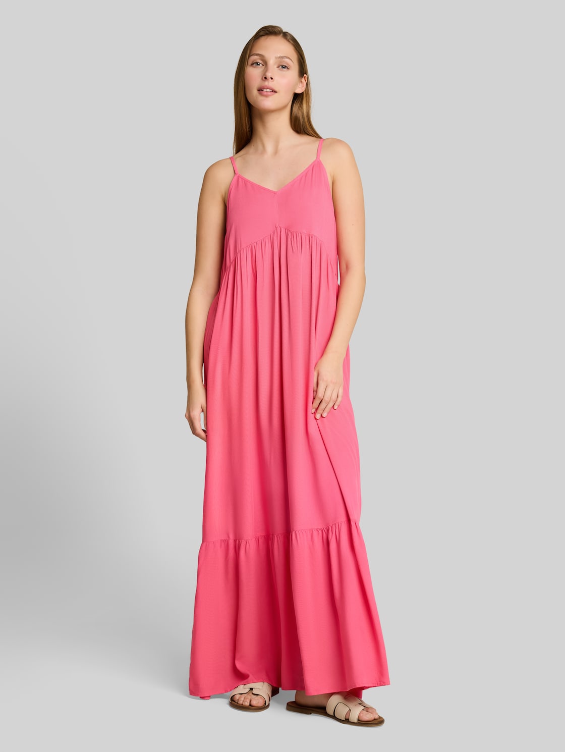  Tom Tailor Denim Damen Maxi-kleid Mit Volants, Rosa, Uni, Gr. Xxl 