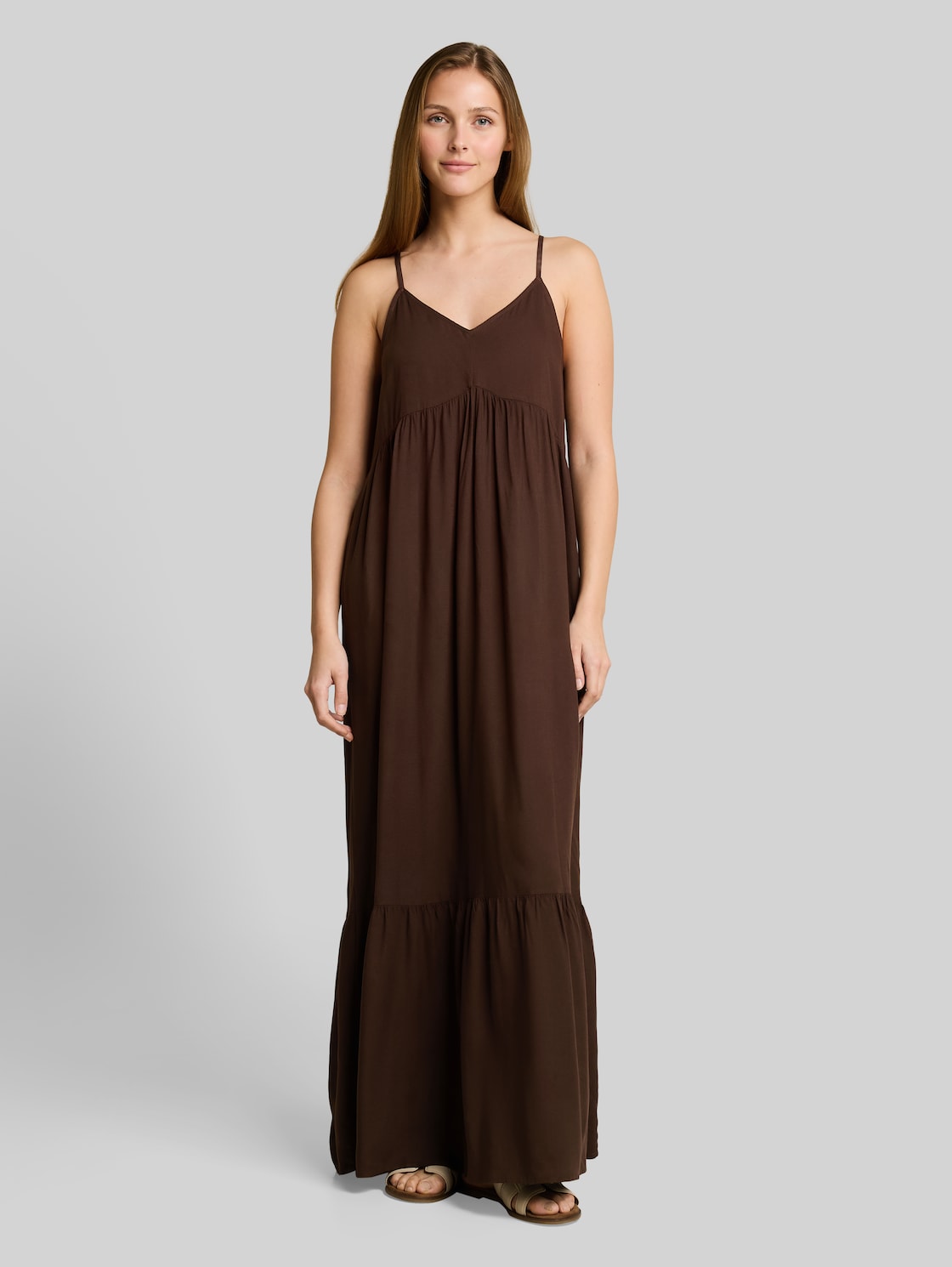  Tom Tailor Denim Damen Maxi-kleid Mit Volants, Braun, Uni, Gr. Xxl 