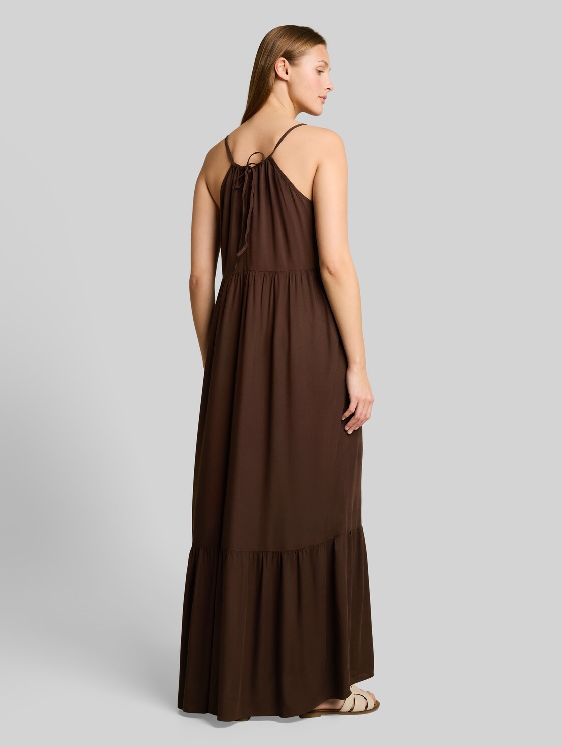  Tom Tailor Denim Damen Maxi-kleid Mit Volants, Braun, Uni, Gr. Xxl 
