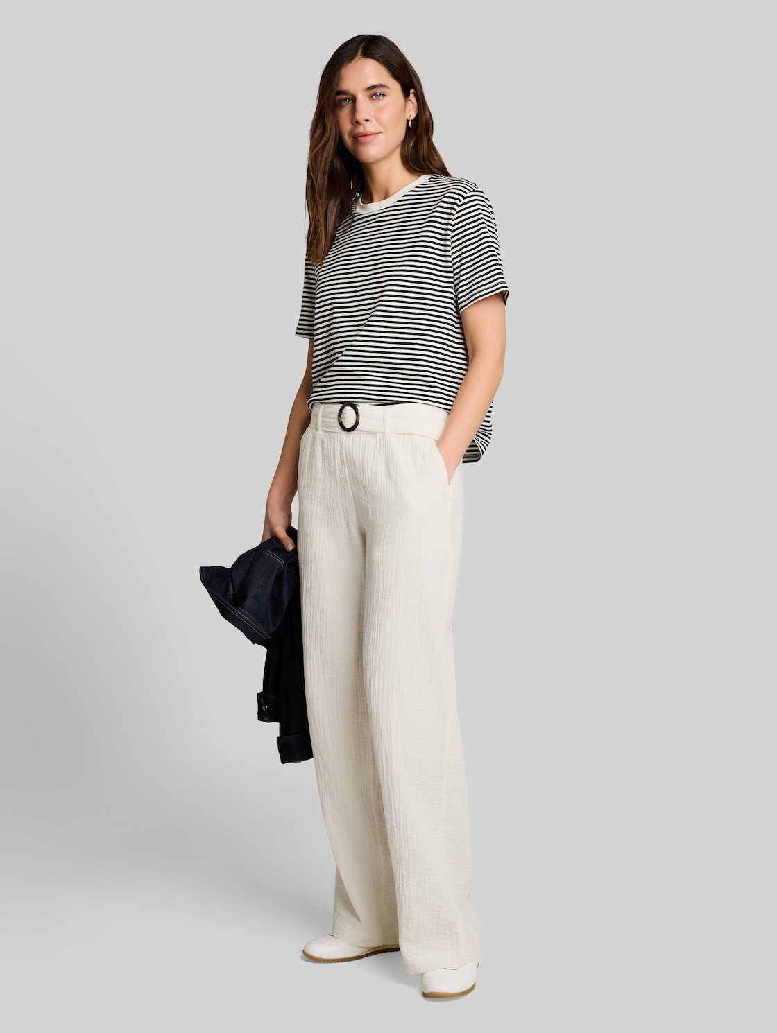  Tom Tailor Damen Musselin Wide Leg Hose Mit Gürtel, Weiß, Uni, Gr. 44/32 