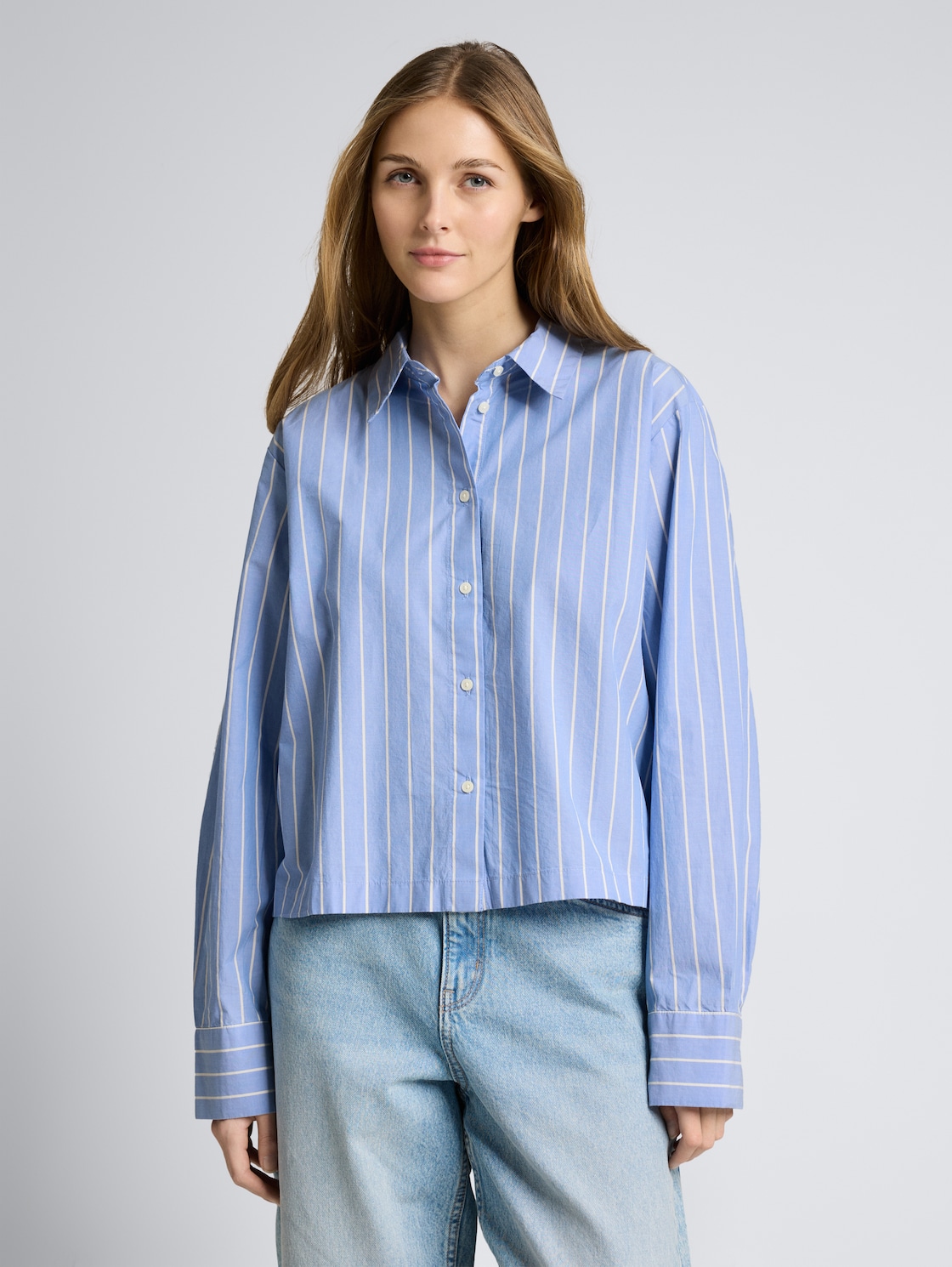 Thumbnail - TOM TAILOR DENIM Damen Boxy Fit Hemdbluse aus Baumwolle, blau, Gestreift, Gr. M