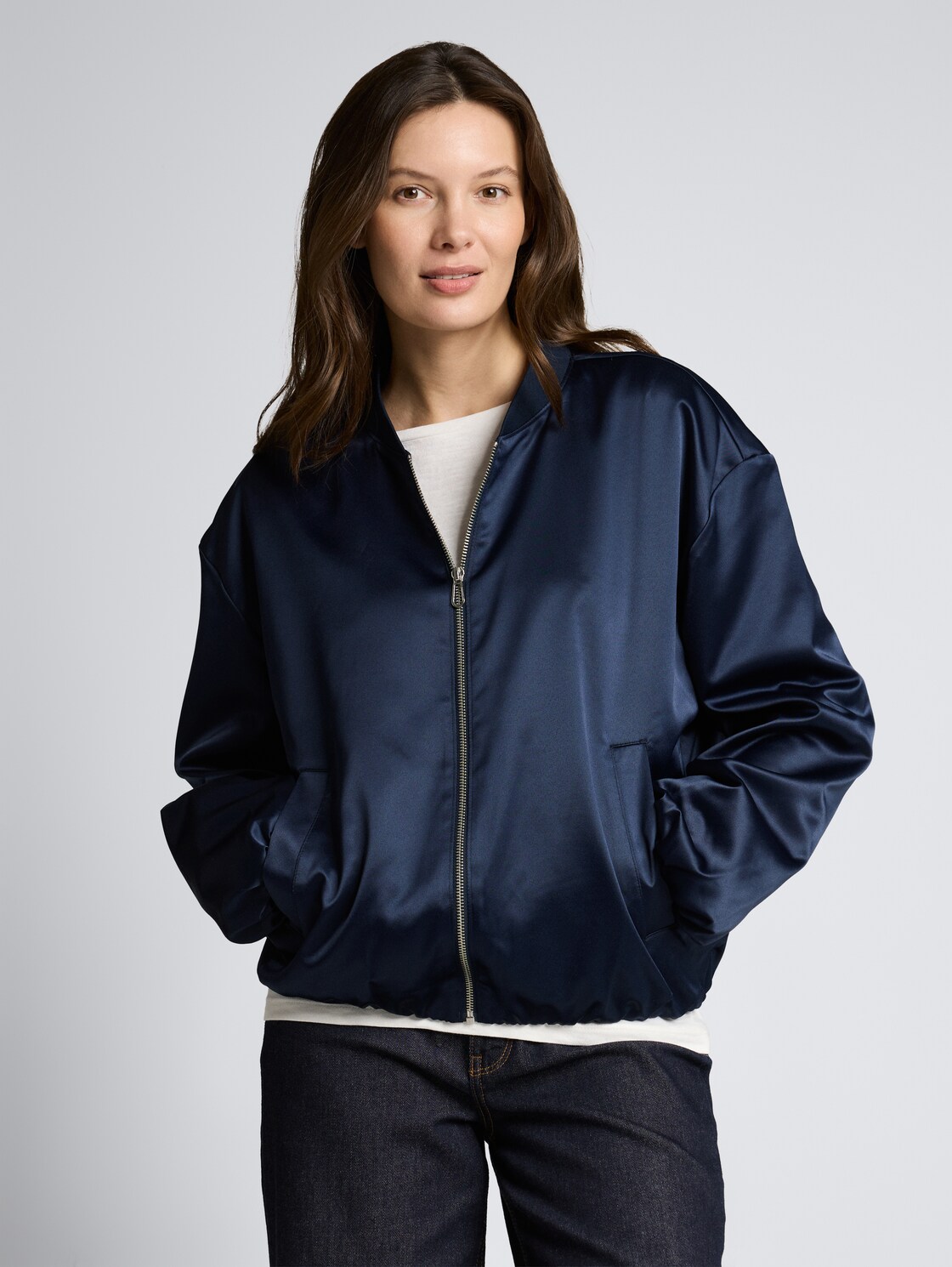 Thumbnail - TOM TAILOR Damen Satin Blouson Jacke mit Bomberkragen, blau, Uni, Gr. M