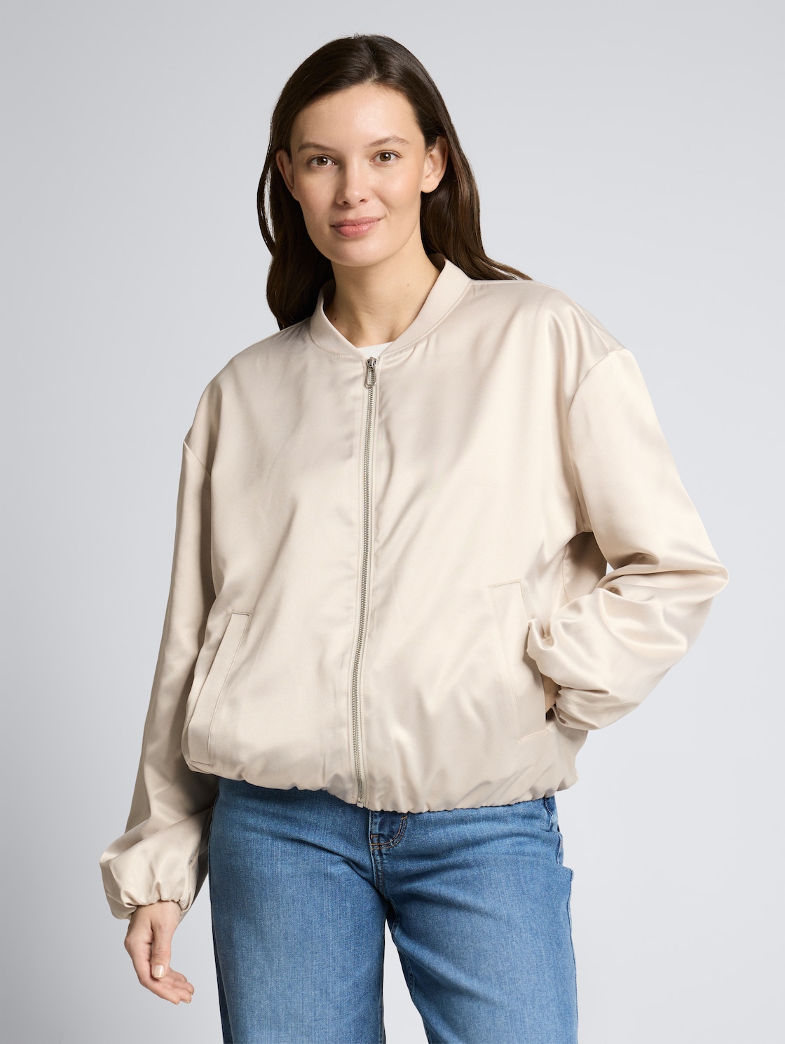 Thumbnail - TOM TAILOR Damen Satin Blouson Jacke mit Bomberkragen, braun, Uni, Gr. S