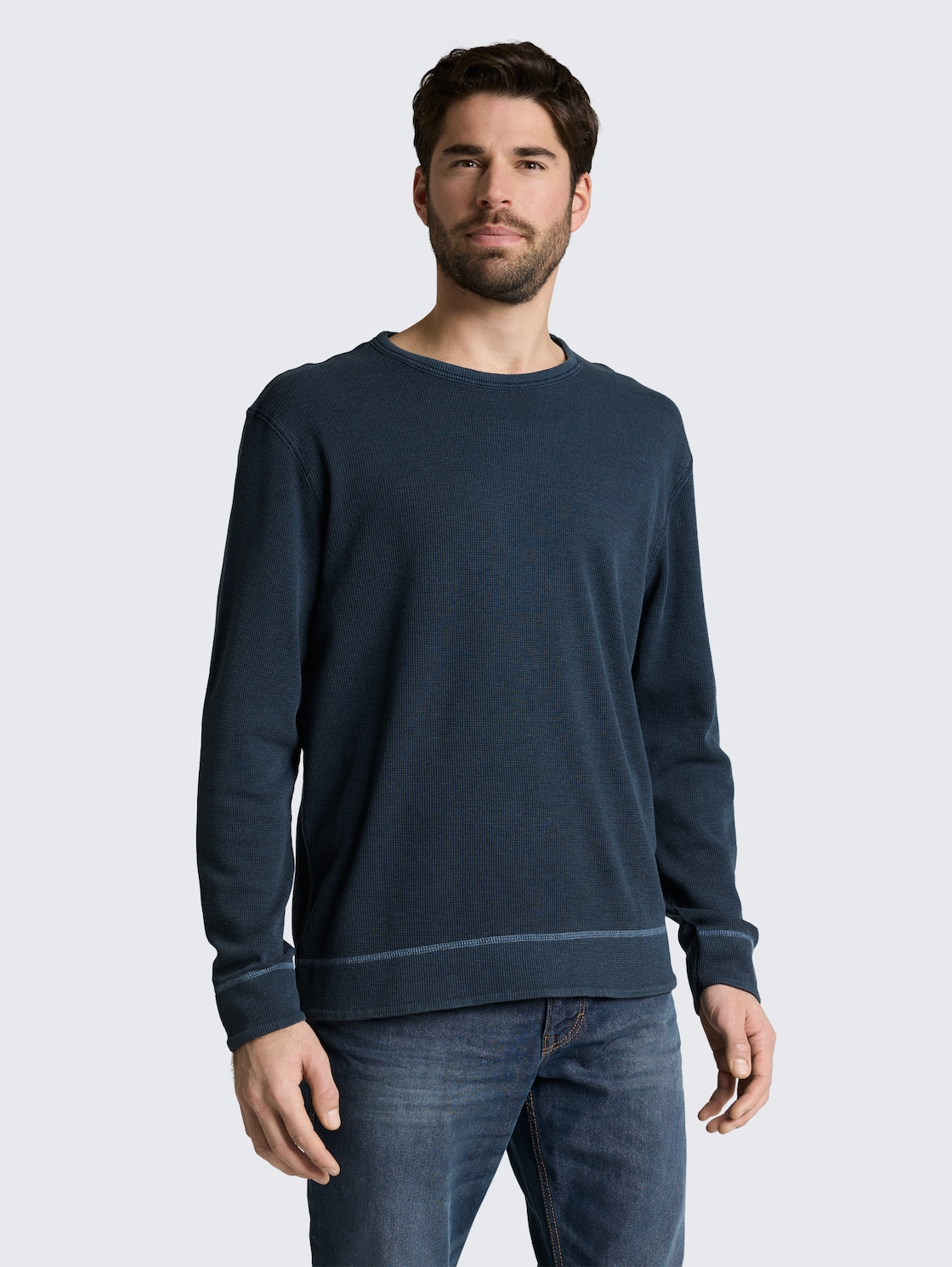 Thumbnail - TOM TAILOR Herren Langarmshirt mit Waffelstruktur, blau, Uni, Gr. M