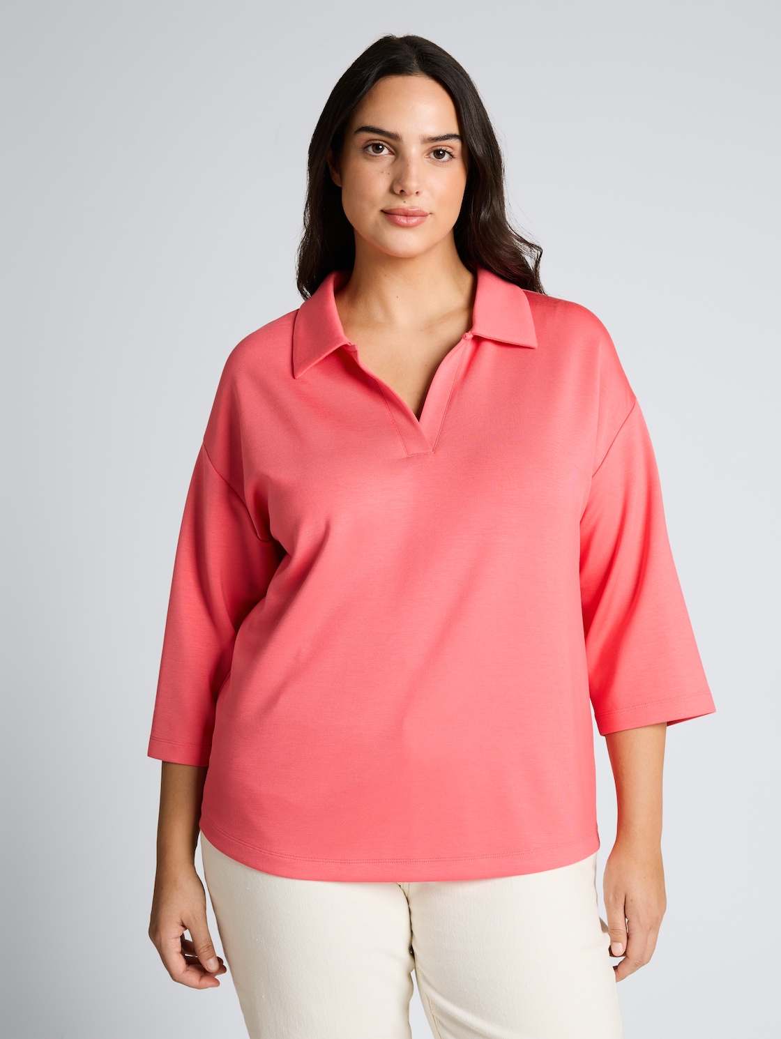 Thumbnail - TOM TAILOR Damen Plus Size - Loose Fit Scuba Langarmshirt mit Polokragen, rosa, Uni, Gr. 44