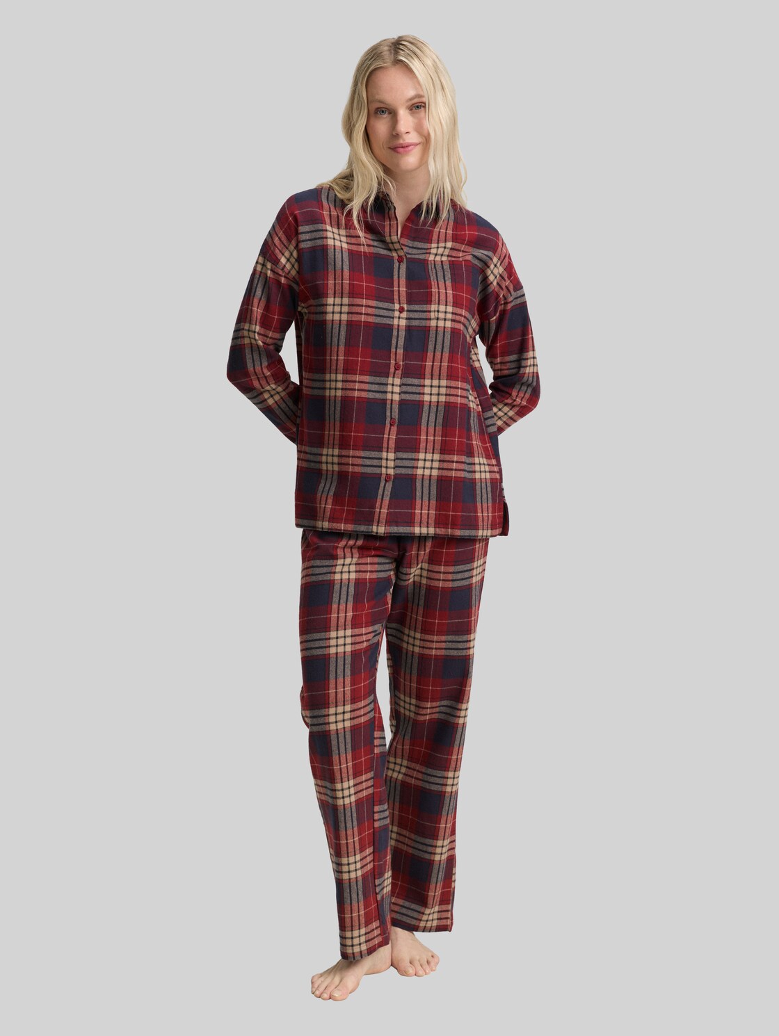  Tom Tailor Damen Pyjama-set Mit Karomuster, Rot, Kariert, Gr. 46 