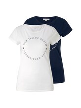 TOM TAILOR DENIM Damen T-Shirt im Doppelpack, blau, unifarben mit Print, Gr.XL