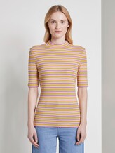 Gestreiftes T-Shirt mit Stehkragen - Frauen - yellow pink stripe Gestreiftes T-Shirt mit Stehkragen - Frauen - yellow pink stripe - 1 - TOM TAILOR Denim
