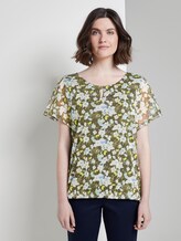 Patterned T-shirt with a mesh overlayer - Women - small khaki floral design Patterned T-shirt with a mesh overlayer - Women - small khaki floral design - 1 - TOM TAILOR