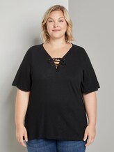 T-Shirt mit Schnürung am Ausschnitt - Frauen - Deep Black T-Shirt mit Schnürung am Ausschnitt - Frauen - Deep Black - 1 - My True Me