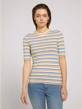 Gestreiftes T-Shirt mit kurzem Stehkragen - Frauen - creme blue yellow stripe Gestreiftes T-Shirt mit kurzem Stehkragen - Frauen - creme blue yellow stripe - 1 - TOM TAILOR Denim