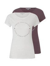 TOM TAILOR DENIM Damen Basic T-Shirt im Doppelpack mit Logoprint, lila, Gr. M