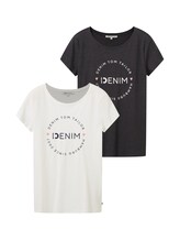 TOM TAILOR DENIM Damen T-Shirts im Doppelpack, grau, Textprint, Gr. L