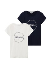 TOM TAILOR DENIM Damen T-Shirts im Doppelpack, blau, Textprint, Gr. XL