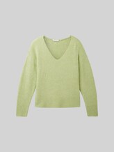 TOM TAILOR DENIM Damen Strickpullover mit V-Ausschnitt, grün, Meliert, Gr. L