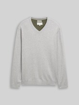 TOM TAILOR Herren Strickpullover mit V-Ausschnitt aus Baumwolle, grau, Meliert, Gr. XXL