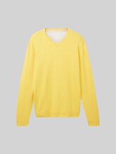 TOM TAILOR Herren Strickpullover mit V-Ausschnitt aus Baumwolle, gelb, Uni, Gr. XL